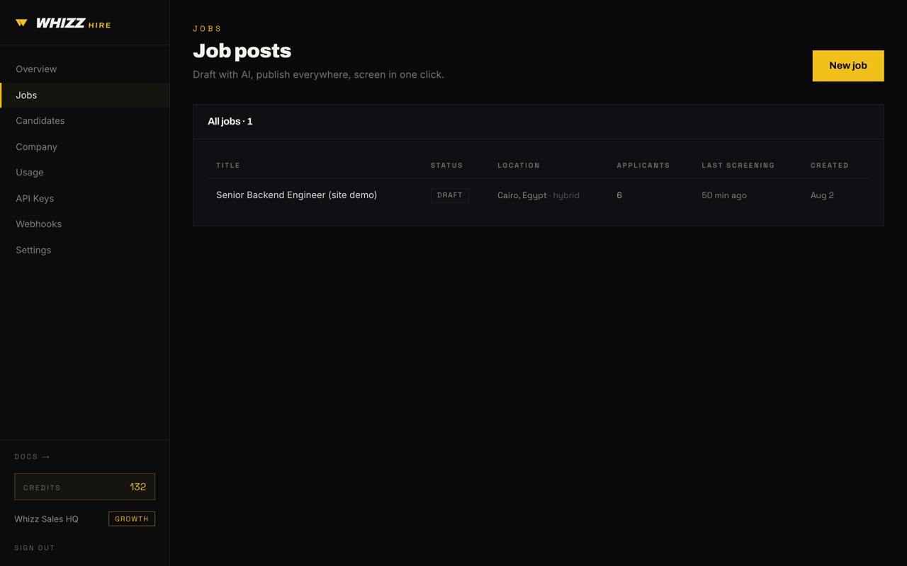 Whizz Hire dashboard