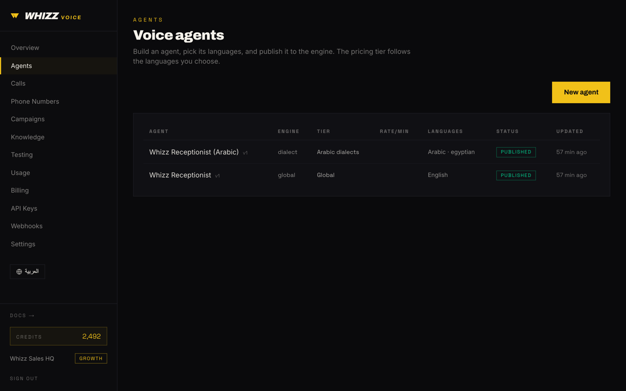 Whizz Voice dashboard